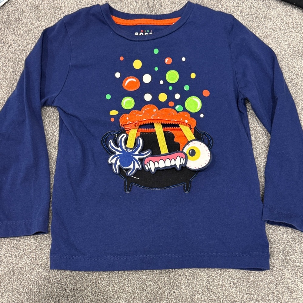 Mini Boden Navy Long Sleeve Tee with Colorful Monster Cauldron Appliqué